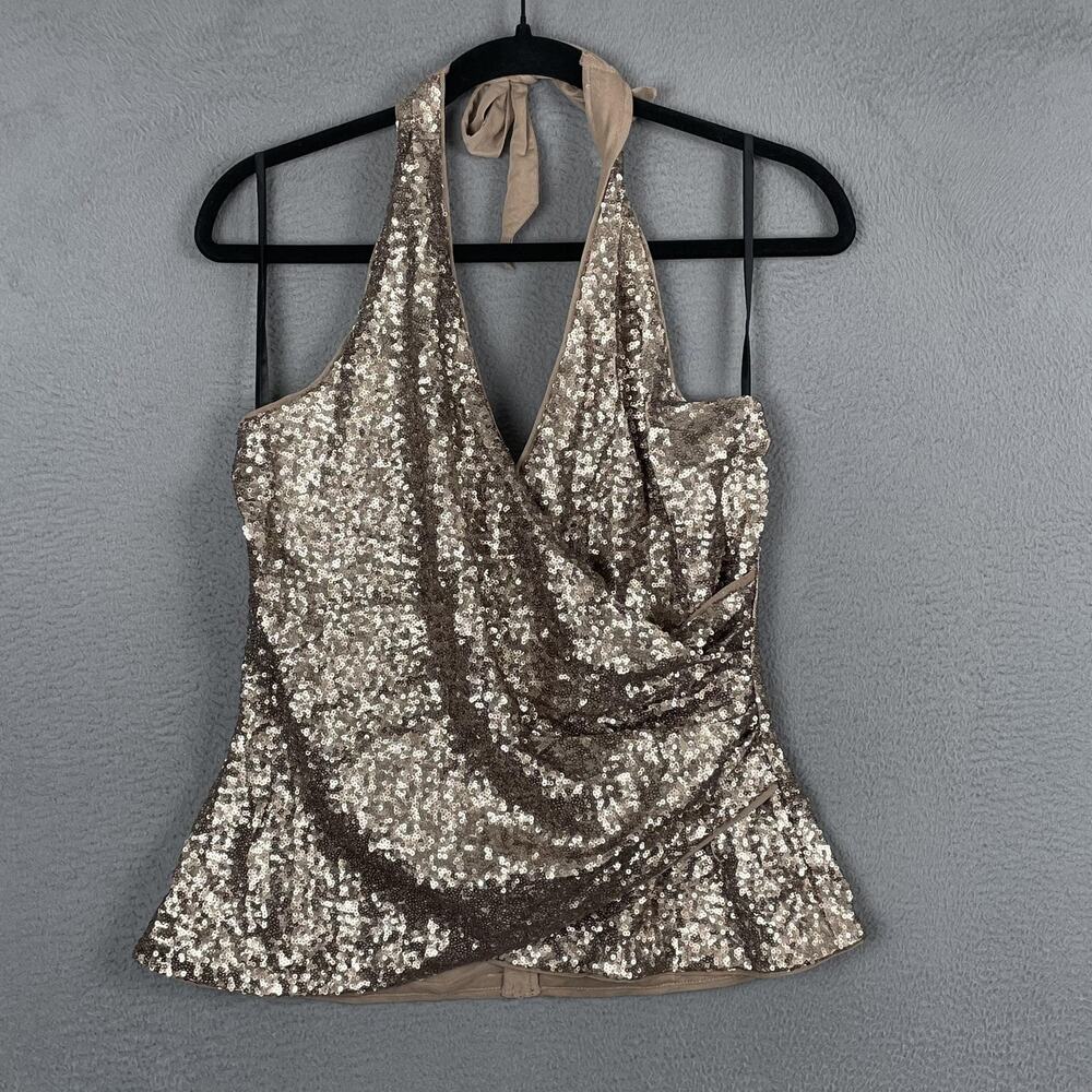 Bebe Tank Top Womens Large Brown Sequin Halter Camisole Party Club Evening